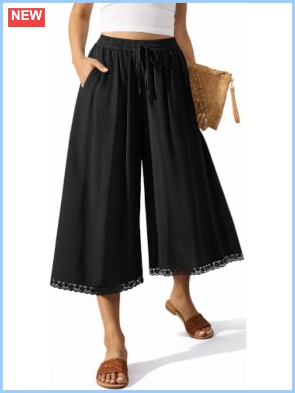 Linen Wide Leg Capri Pants High Waist Drawstring Pockets Casual